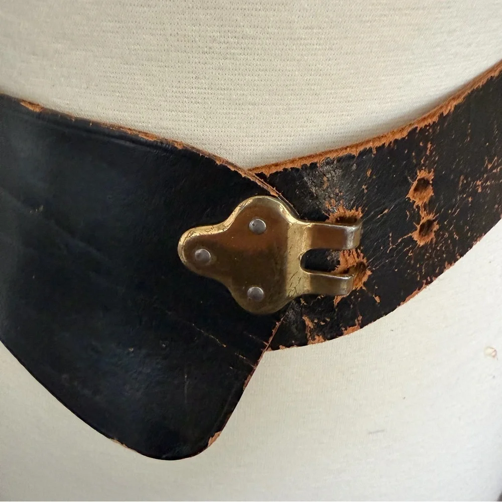 Vintage Handmade Calder NYC Wide Black Leather Waist Belt Brass Closure Boho